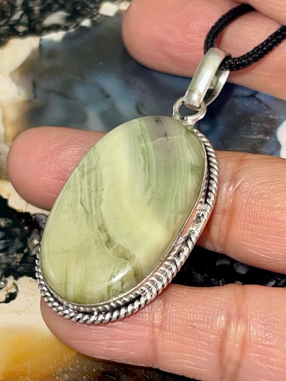 Green Petrified Larsonite Pendant 2 1/4”